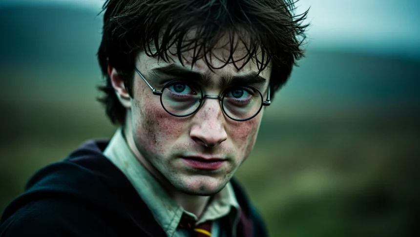 Harry Potter karakterének közelképe, kifejező arccal és varázslatos háttérrel.