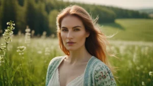 Egy fiatal nő áll egy virágos mezőn, háttérben zöld dombokkal, természetes fényben.