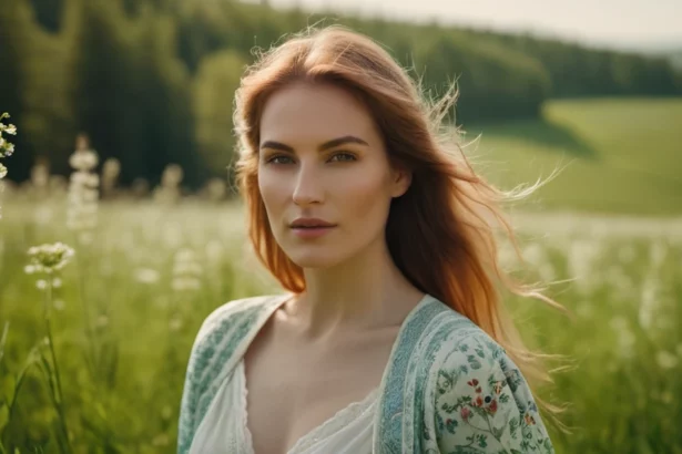 Egy fiatal nő áll egy virágos mezőn, háttérben zöld dombokkal, természetes fényben.