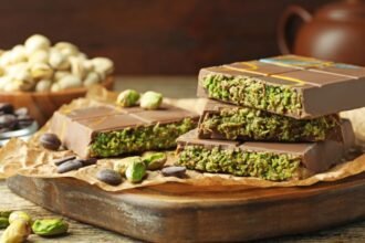 Három rétegelt csokoládé szelet, ropogós kataifi tésztával és pisztáciával, egy fából készült tányéron.