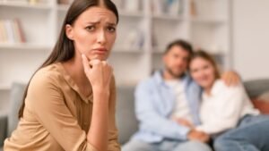 Egy szomorú nő gondolkodik, miközben egy pár boldogan ül a háttérben.