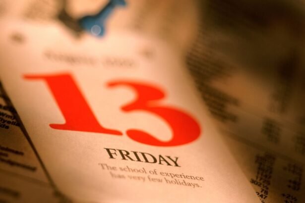 Egy naptár lapja, amelyen a péntek 13-a dátum látható, piros számokkal kiemelve.
