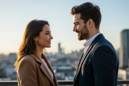 Egy férfi és egy nő mosolyogva néznek egymásra, a város panorámájával a háttérben.