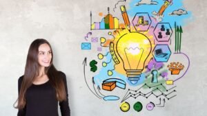 Egy fiatal nő mosolyogva áll egy kreatív, üzleti ötleteket ábrázoló grafika mellett.