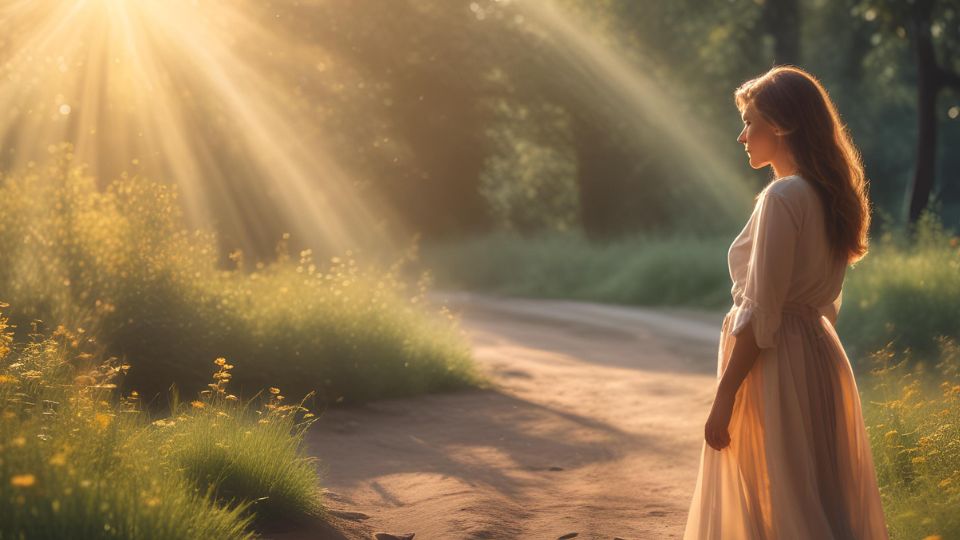 Egy nő áll egy napfényes úton, körülötte zöld fű és virágok, a háttérben fák látszanak.