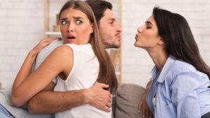 womensway 119 Egy nő meglepett arccal néz, miközben férfi és másik nő közelít egymáshoz.