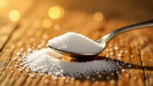 Egy kanál cukor, amely egy fából készült felületen fekszik, körülötte cukorszemcsék.