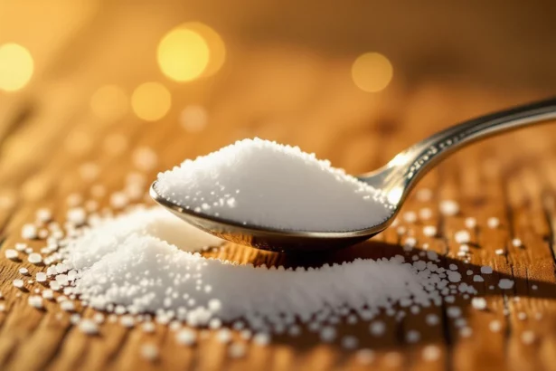 Egy kanál cukor, amely egy fából készült felületen fekszik, körülötte cukorszemcsék.