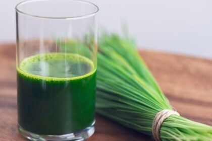 Egy pohár friss zöld búzafűlé, mellette friss búzafű csokor.