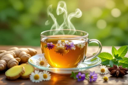 Gőzölgő tea virágokkal és gyömbérrel, természetes emésztést támogató ital.