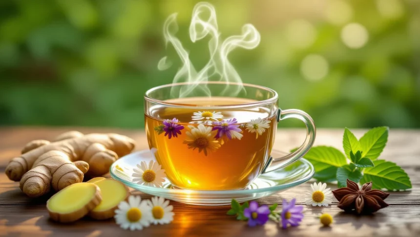 Gőzölgő tea virágokkal és gyömbérrel, természetes emésztést támogató ital.