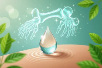 Egy csepp víz, amelyet csontváz kezek tartanak, a bőrön.