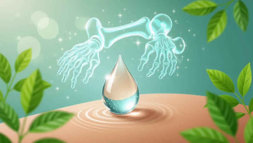 Egy csepp víz, amelyet csontváz kezek tartanak, a bőrön.