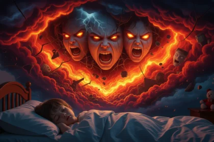 Egy kisgyerek alszik az ágyában, rémálmokkal küzdve, ijesztő képek a háttérben.