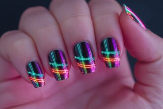 Fekete alapú, vibráló neon színű köröm design, színes csíkokkal.