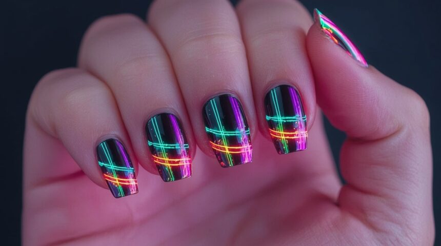 Fekete alapú, vibráló neon színű köröm design, színes csíkokkal.