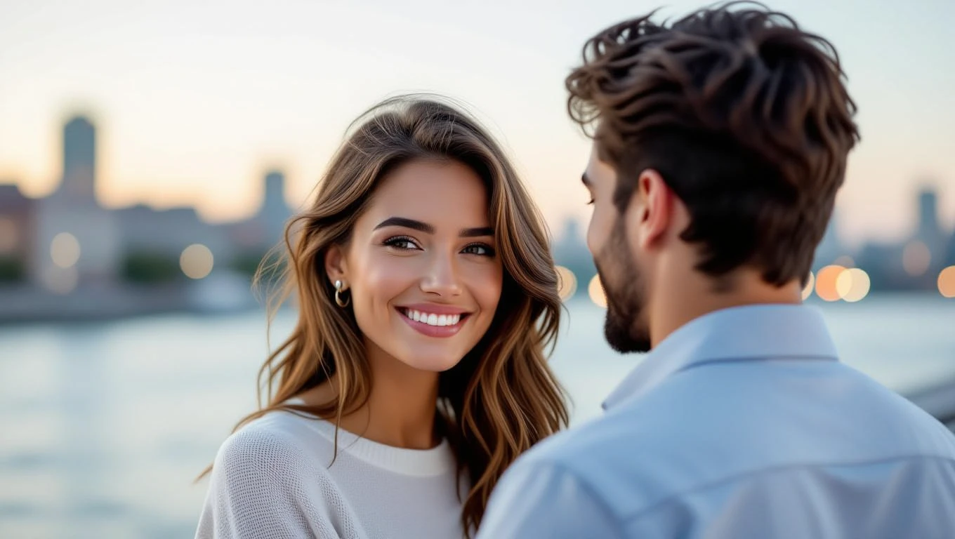 Egy fiatal nő mosolyogva néz egy férfi felé a vízparton.