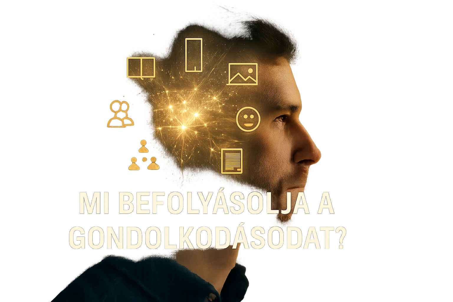 Egy férfi profilja, háttérben gondolatok és ikonok láthatók.