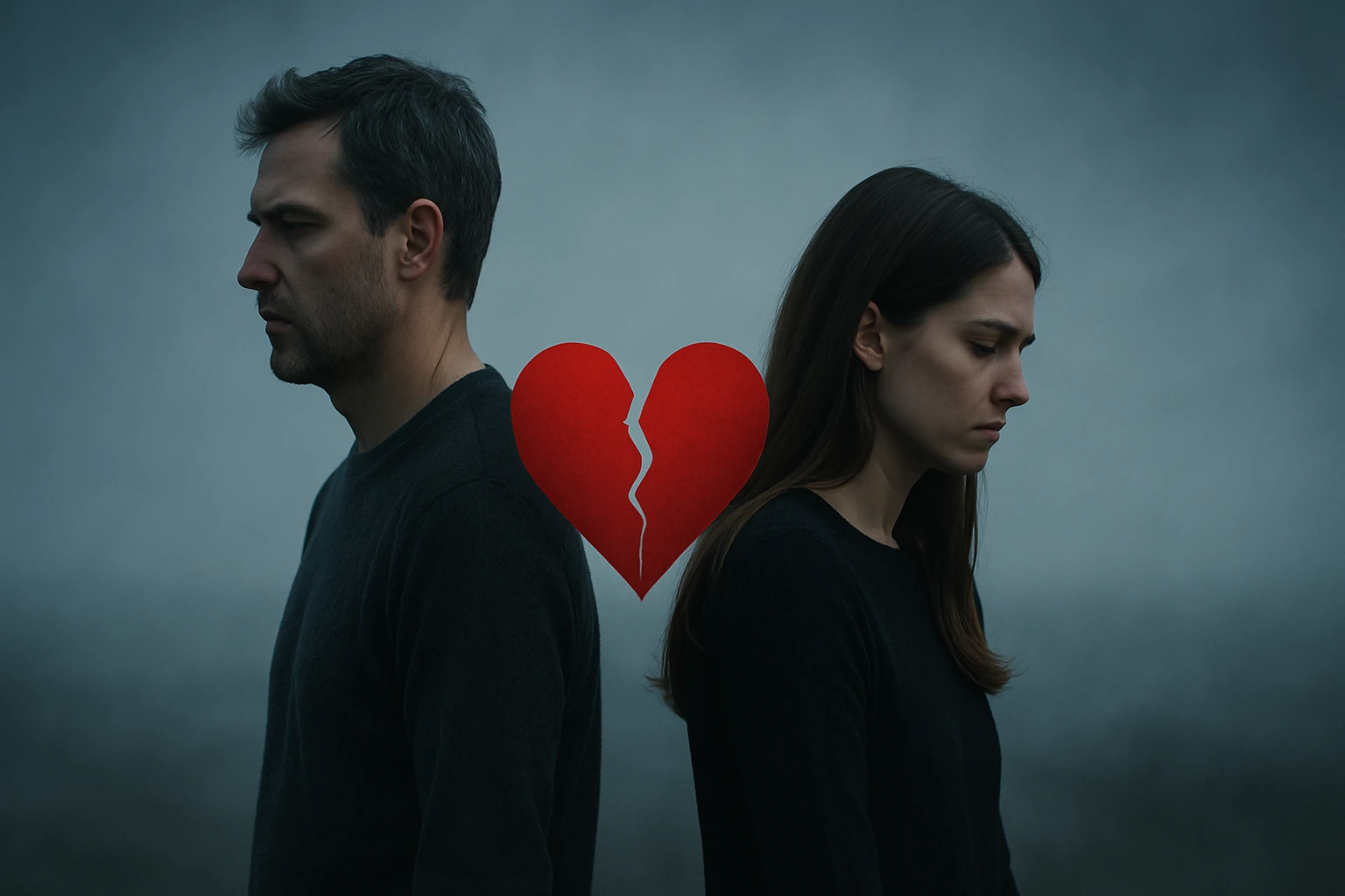 Egy férfi és egy nő háttal állnak egymásnak, közöttük egy törött szív szimbólum látható.