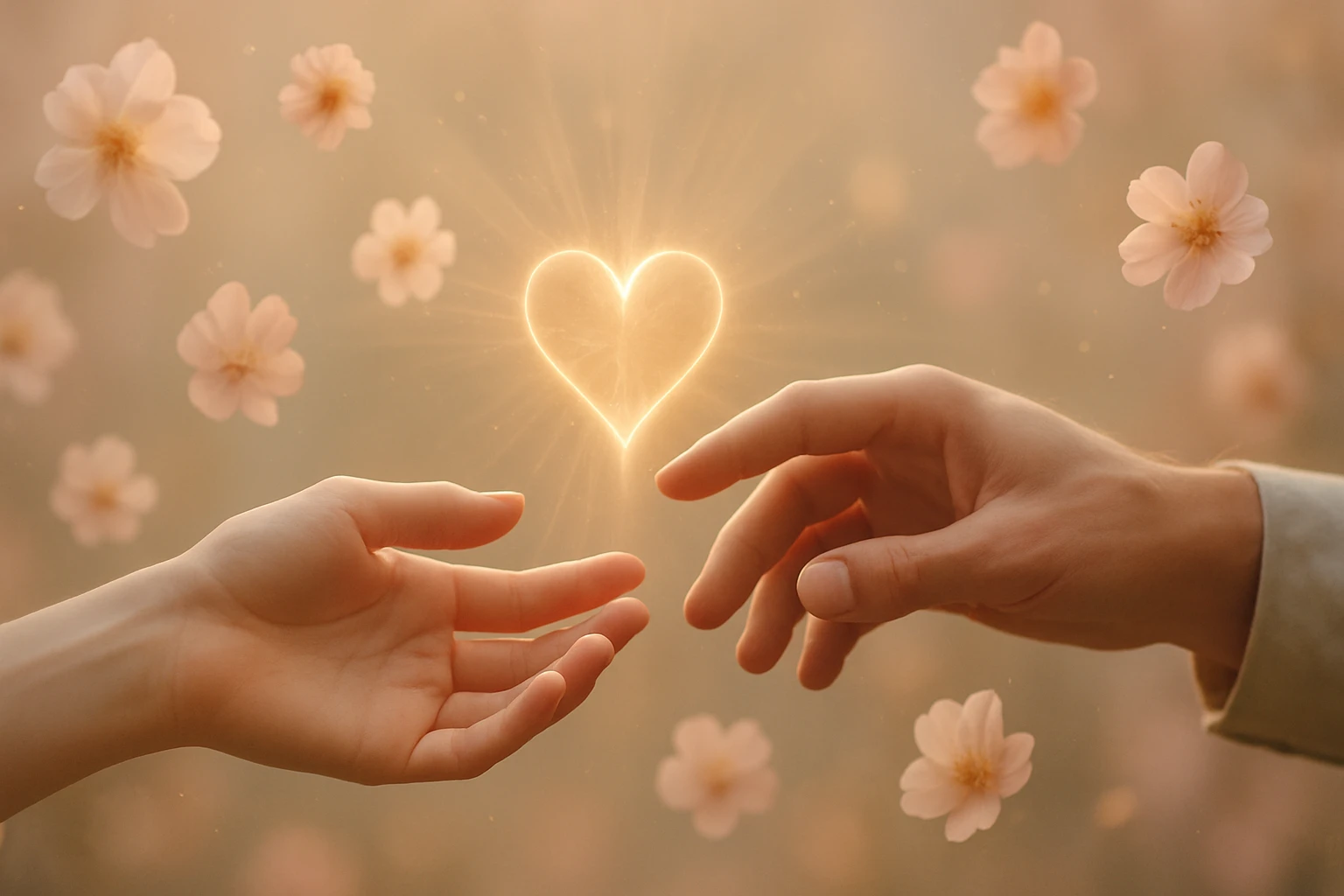 Két kéz érintkezik, közöttük egy fénylő szív és virágok lebegnek.
