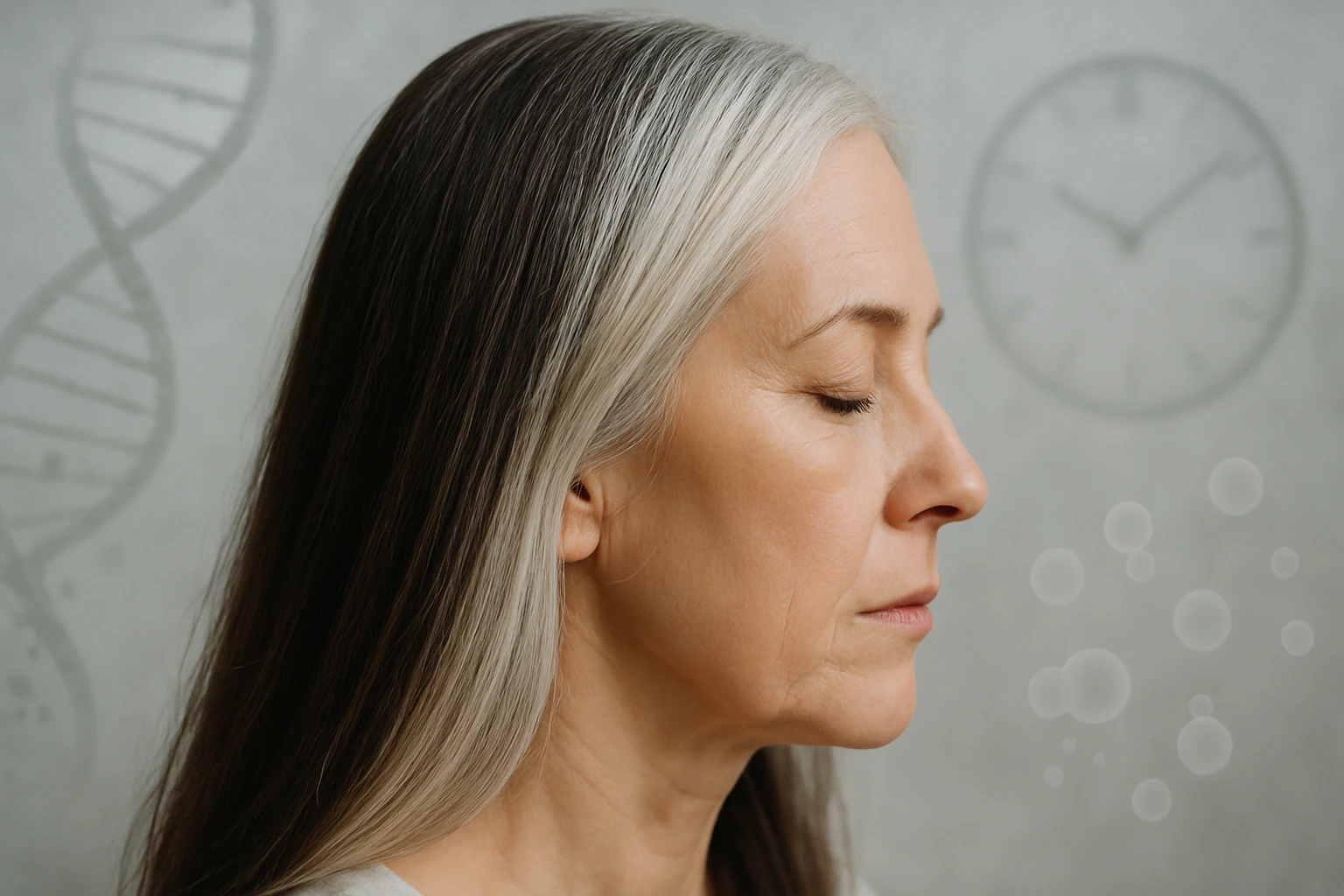 Egy középkorú nő profilja, szürke hajjal és zárt szemmel, háttérben DNS spirál és óra.