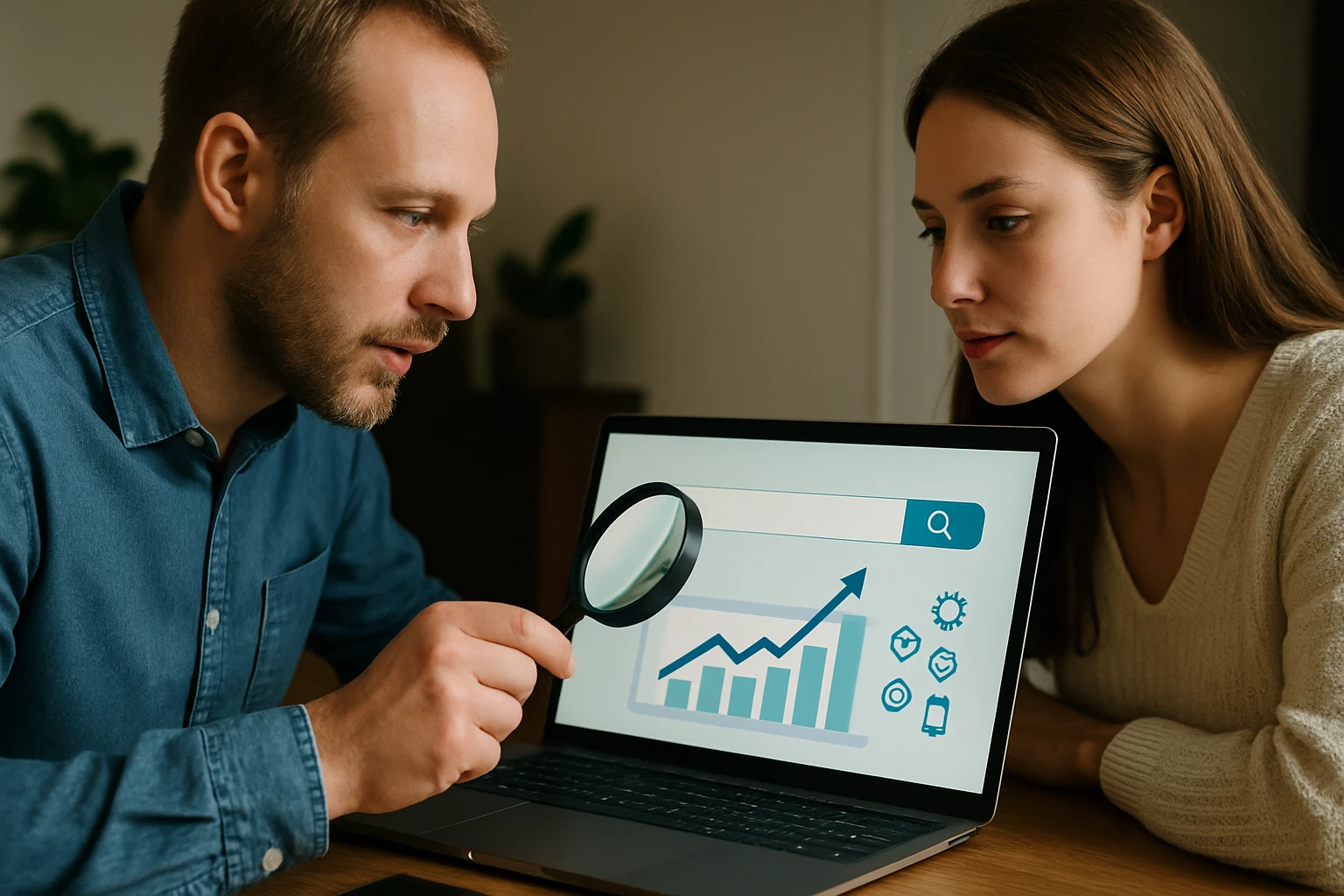 Két ember egy laptop képernyőjét nézi, amelyen növekvő grafikon látható.