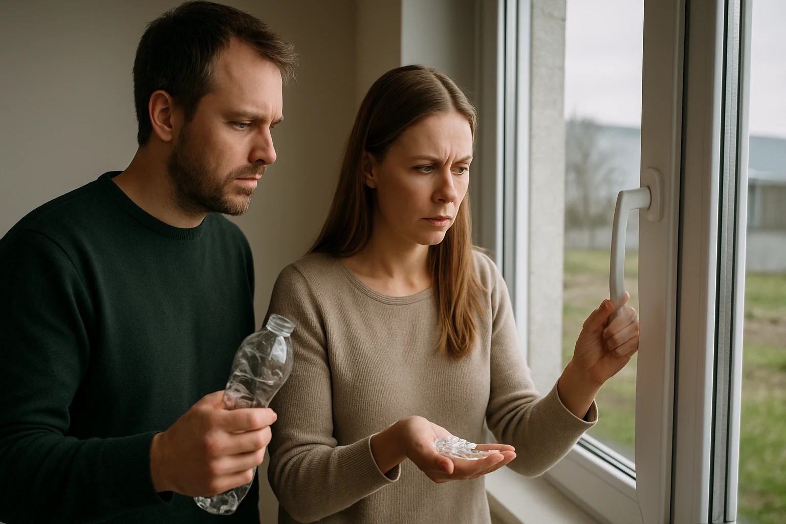 Egy férfi és egy nő aggódva néznek ki az ablakon, a nő kezében jégkockák vannak.
