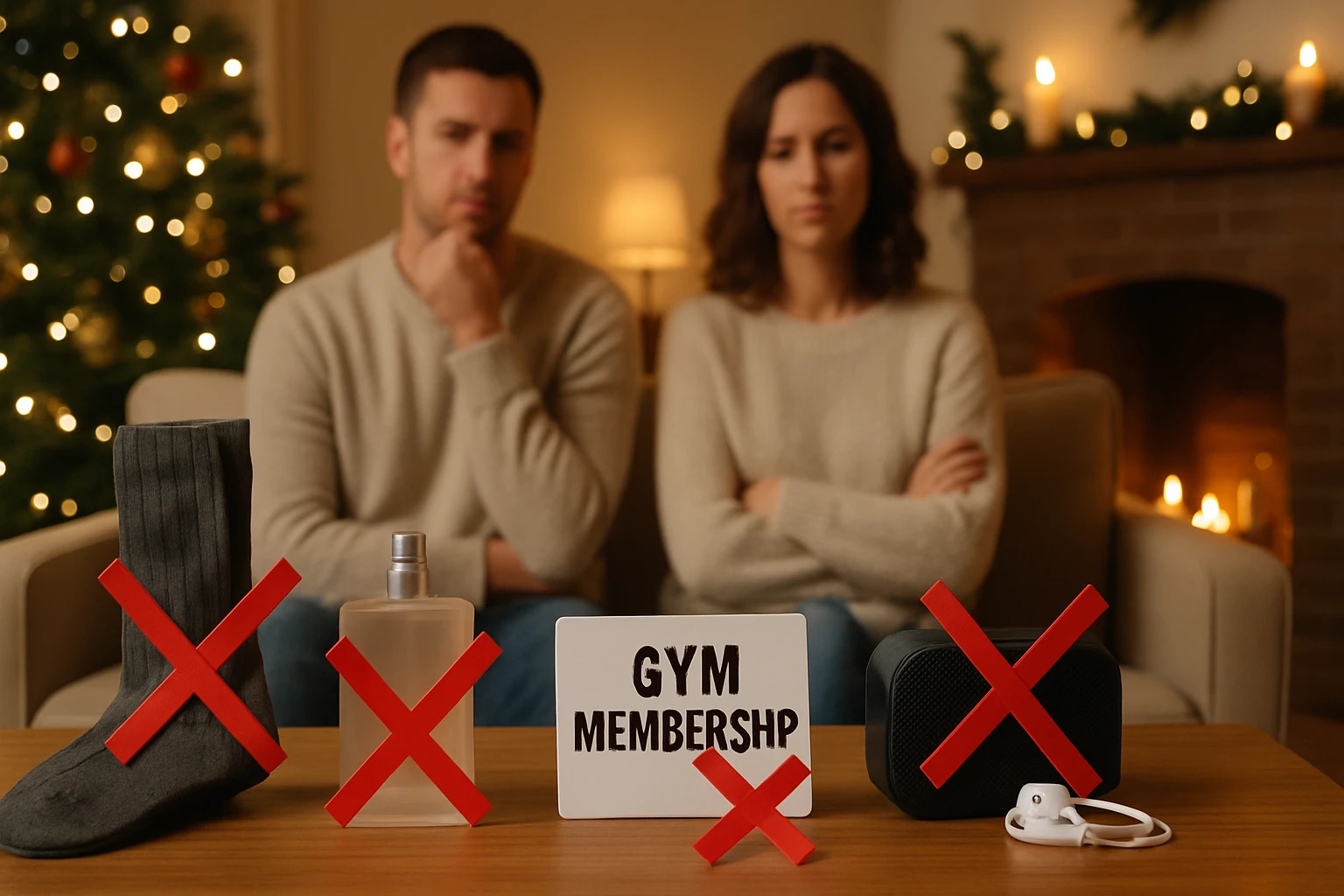 Egy pár ül a kanapén, előttük ajándékok, piros X-szel áthúzva.