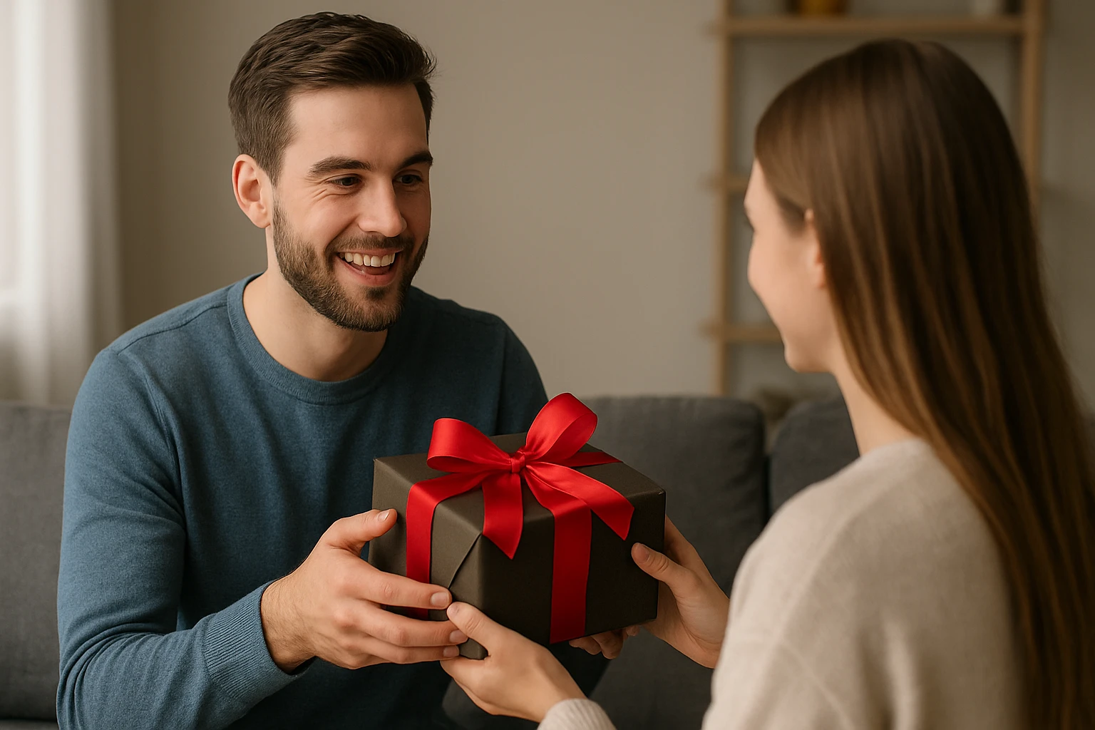 Egy férfi ajándékot ad át egy nőnek, mindketten mosolyognak.