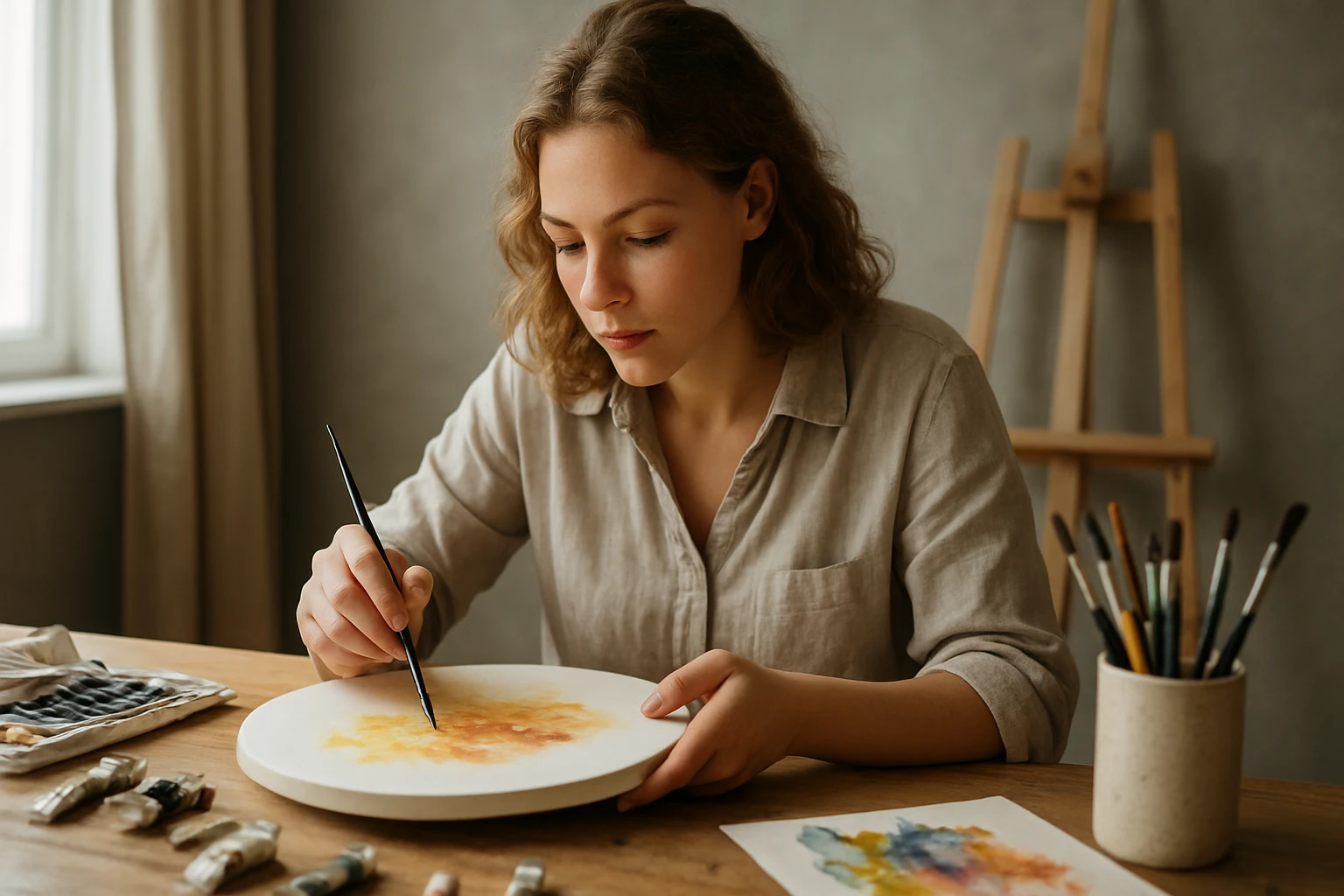 Egy fiatal nő akvarell festést végez egy fehér tányéron.