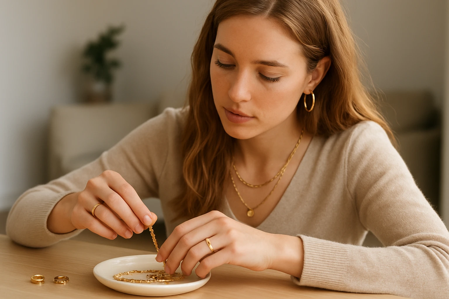 Egy fiatal nő arany ékszereket rendez egy tányéron, figyelmesen dolgozik.