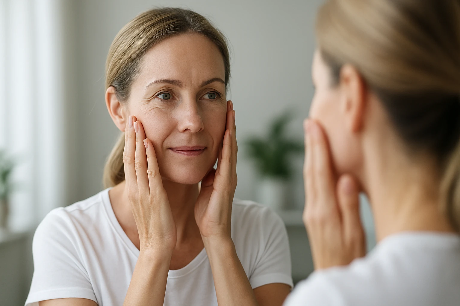 Egy nő az arcát simogatja a tükör előtt, figyelve a bőrére.