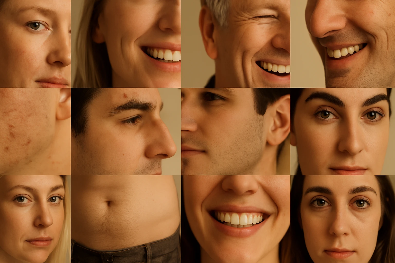 Különböző emberek arca, mosolyok és bőrtextúrák láthatók.