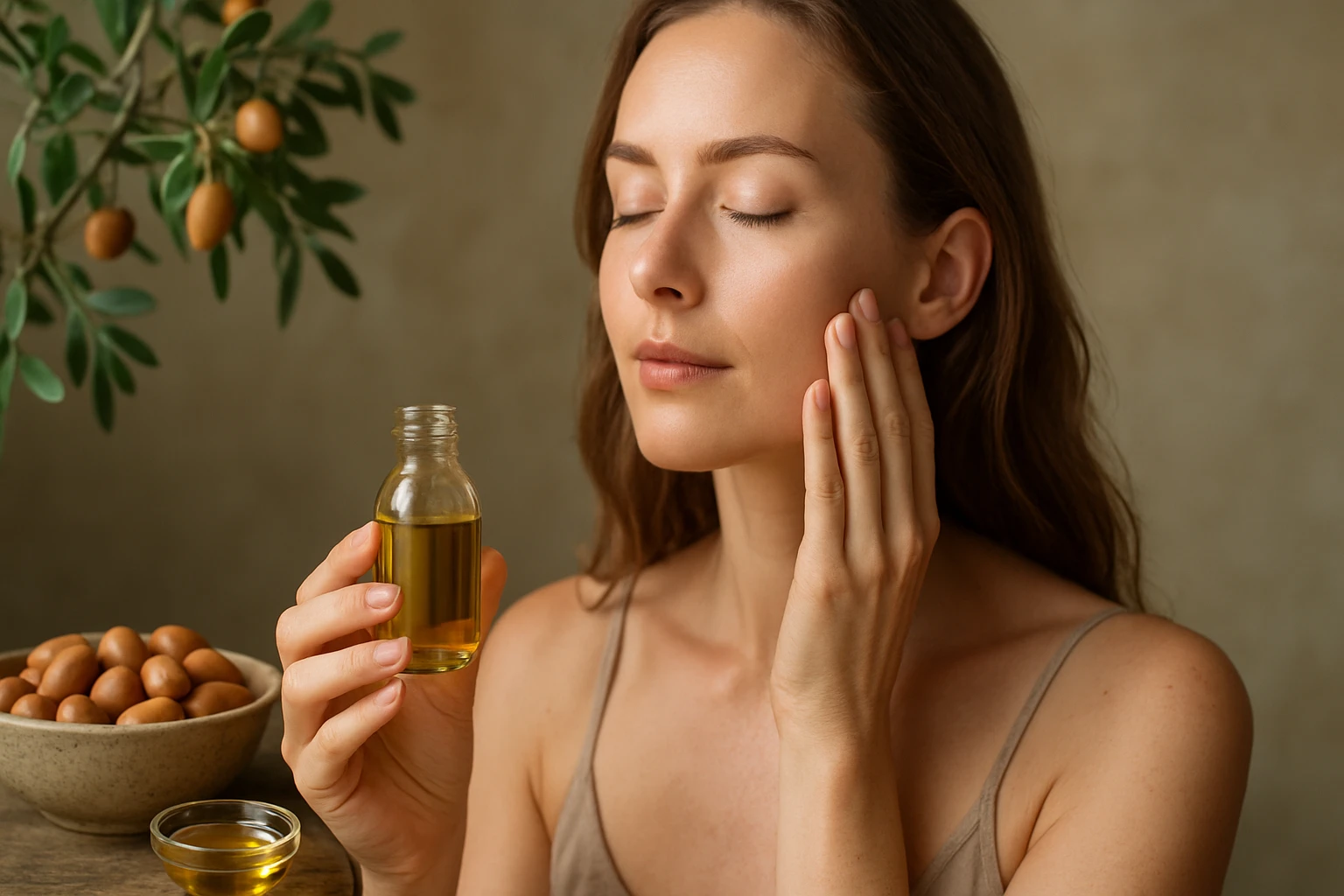 Egy nő argánolajat tart a kezében, miközben az arcát simogatja.