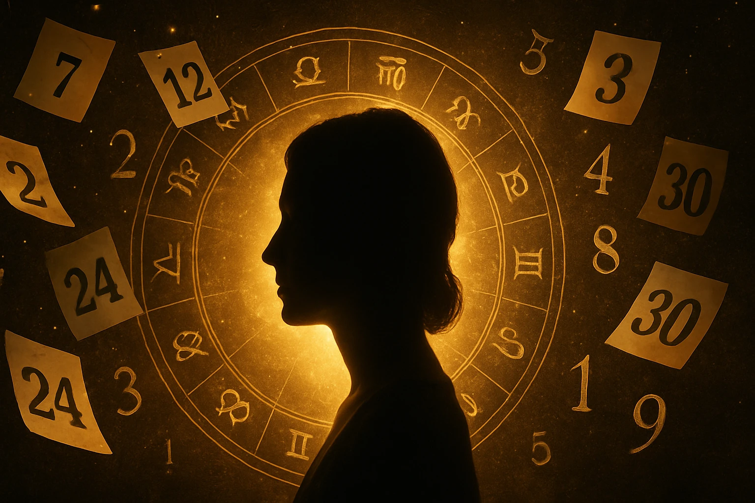 Egy női sziluett látható, háttérben asztrológiai szimbólumokkal és számokkal.