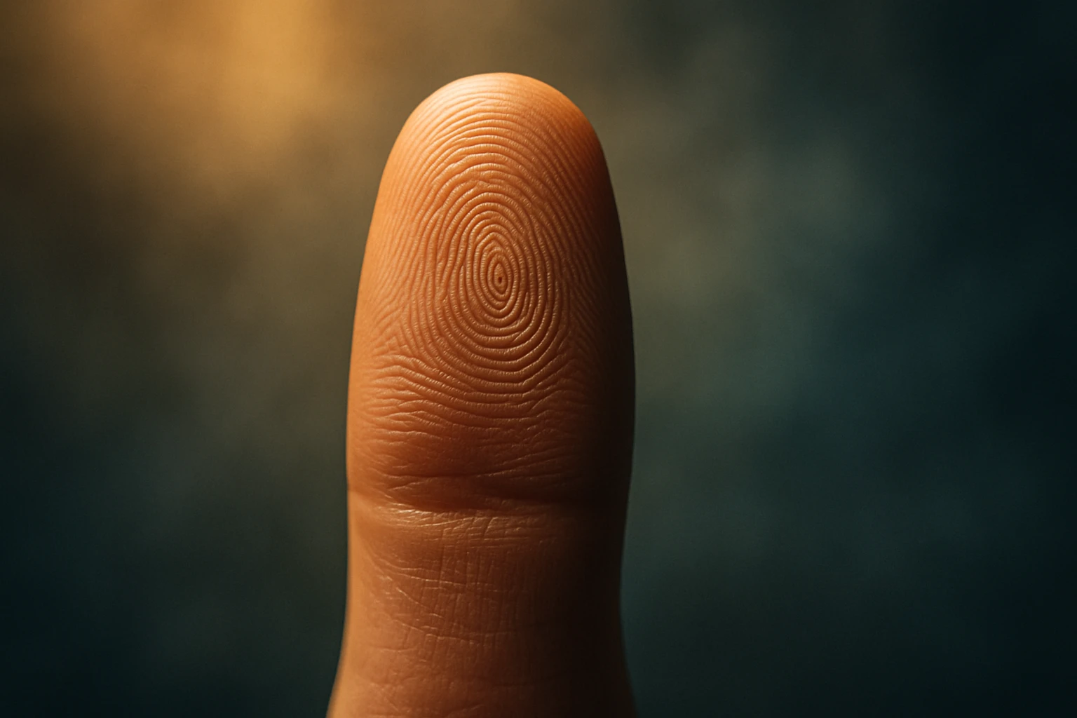 Egy emberi ujjbegy, jól látható ujjlenyomattal, háttérben elmosódott színek.