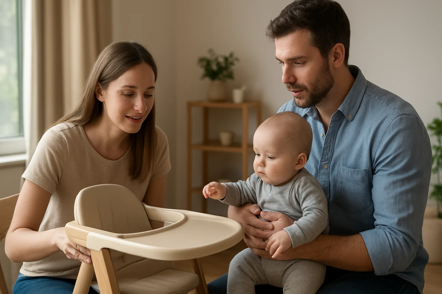 Egy fiatal pár egy babaszéket mutat be a kisbabájuknak.