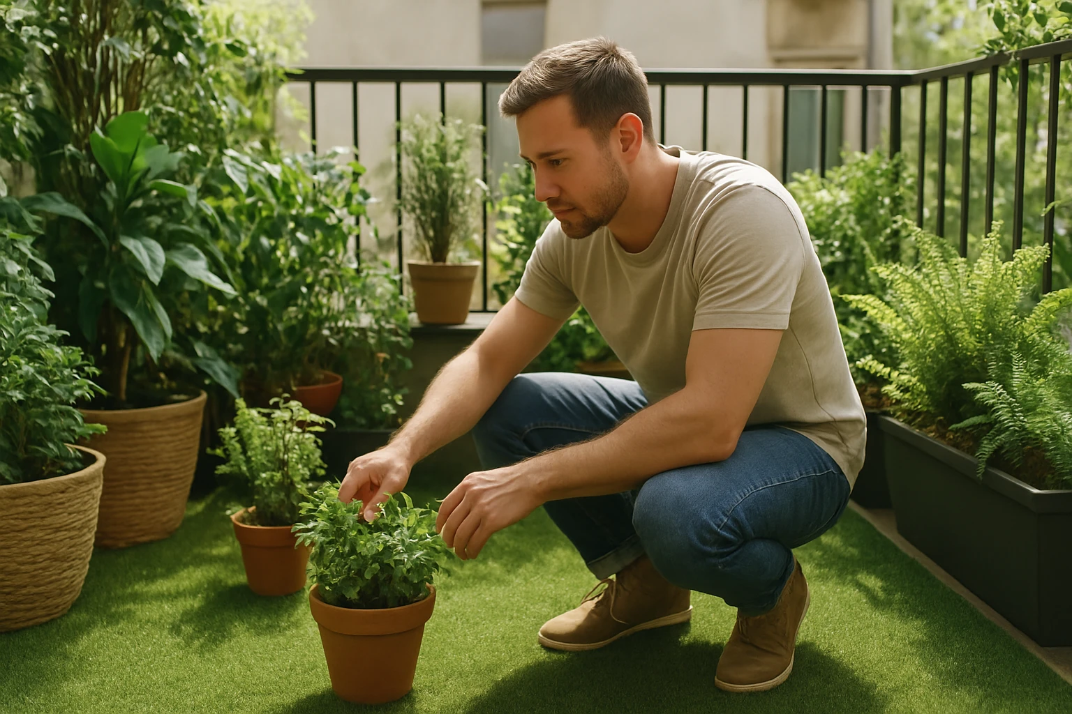 Egy férfi a balkonon ültetvényeket gondoz, zöld növények között.