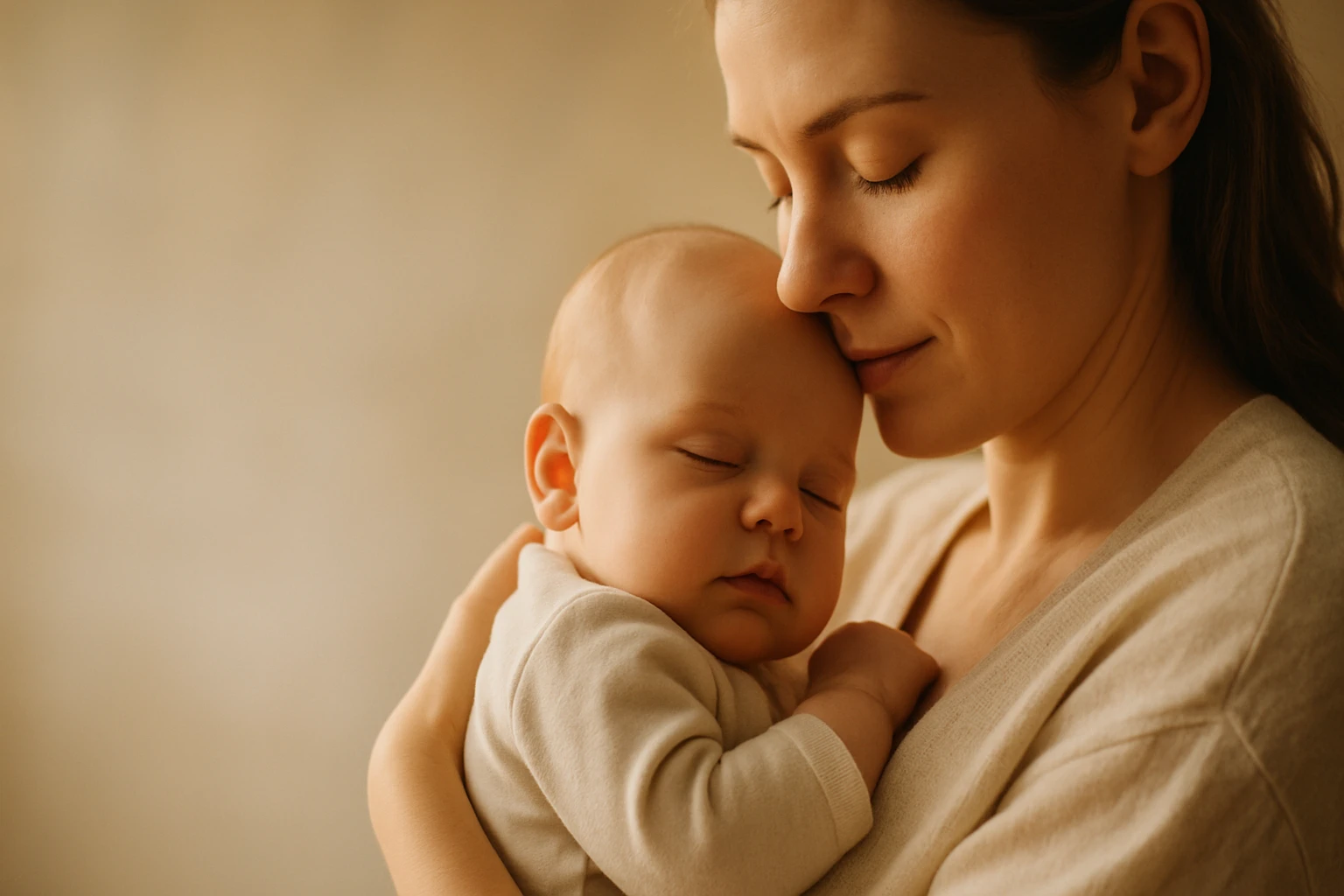 Egy édesanya öleli a kisbabáját, aki békésen alszik.