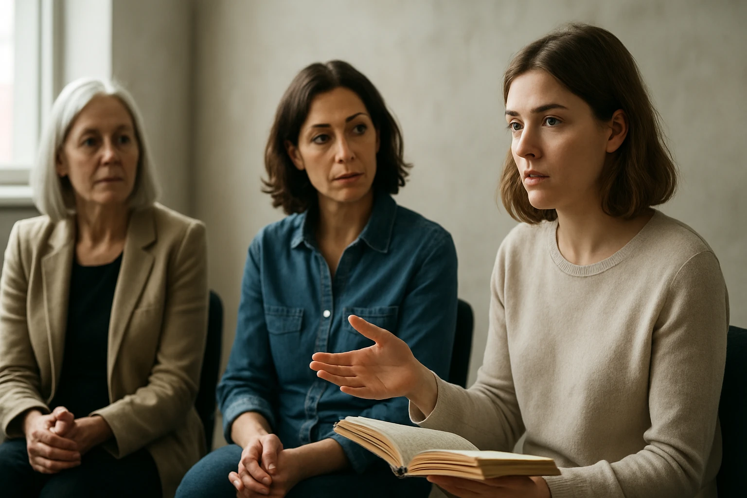 Három nő ül egy szobában, az egyik könyvet tart a kezében és beszél.