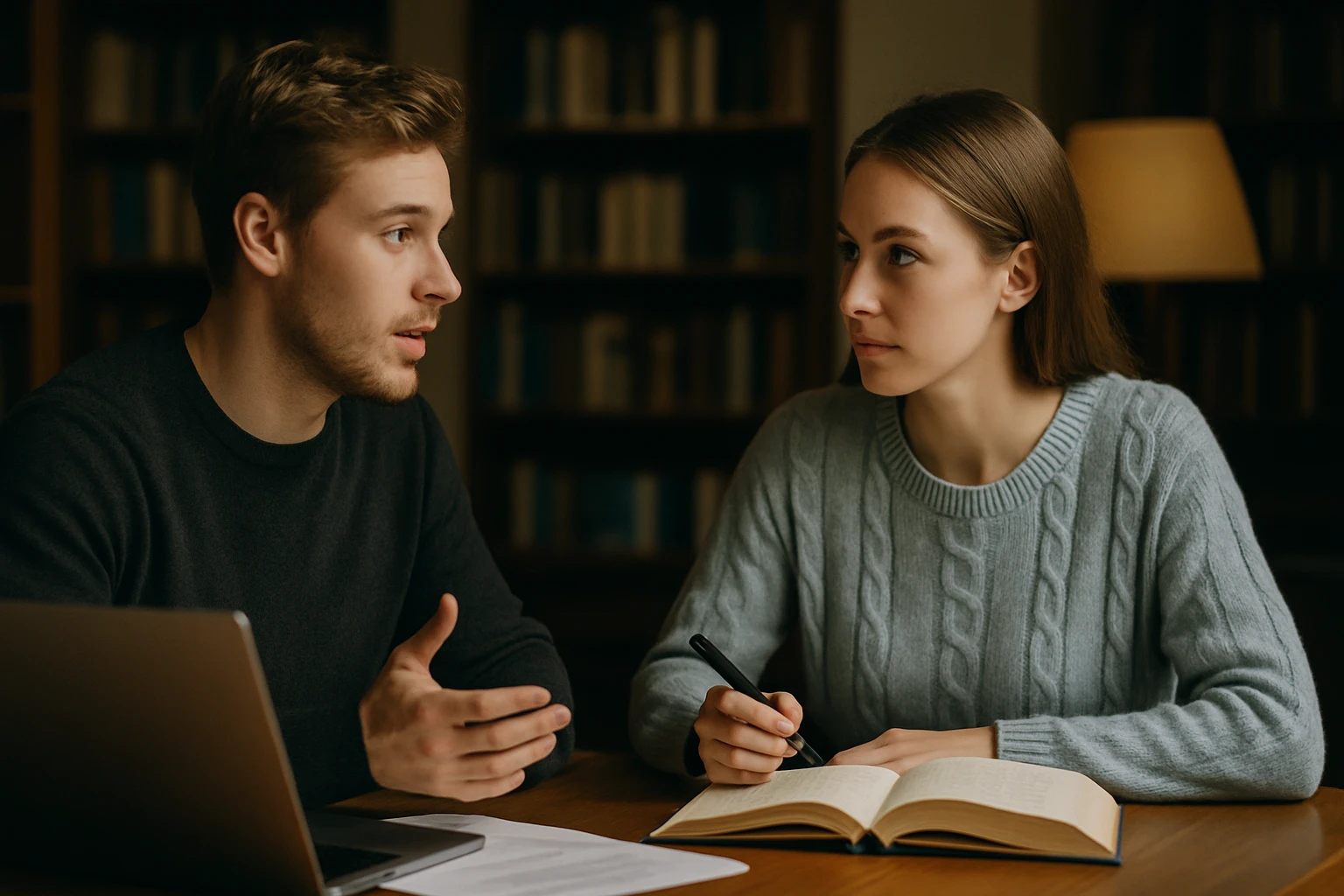 Két fiatal, egy férfi és egy nő beszélget egy asztalnál, jegyzetelnek.