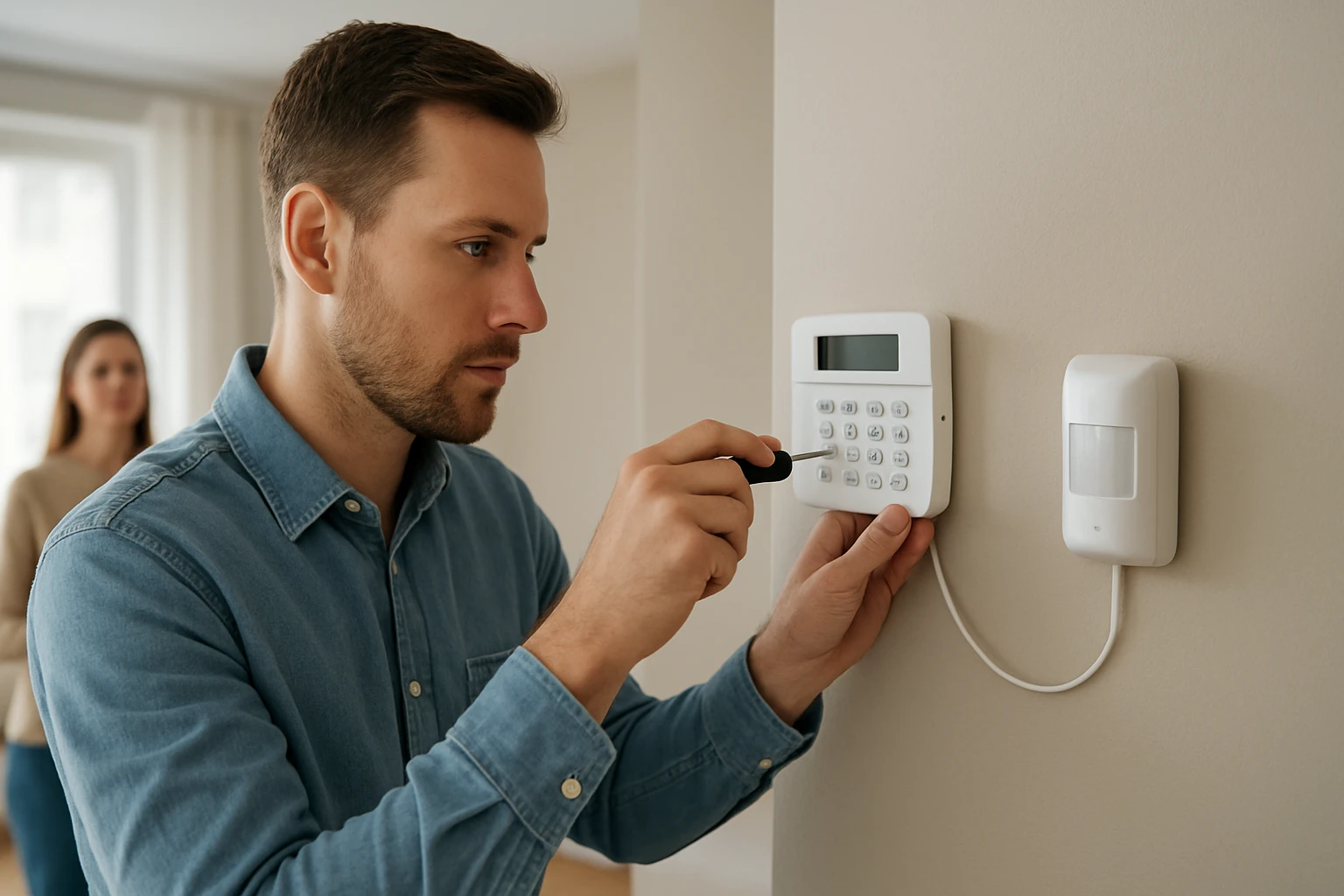 Egy férfi biztonsági rendszert telepít a falra, miközben egy nő figyeli.