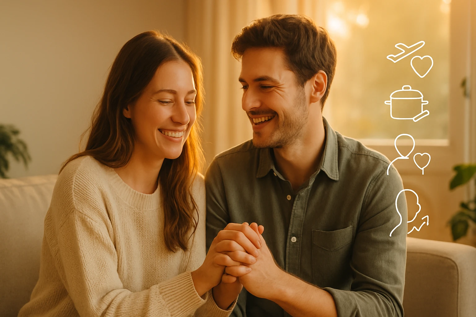 Egy fiatal pár boldogan néz egymásra, miközben kézen fogva ülnek egy kanapén.