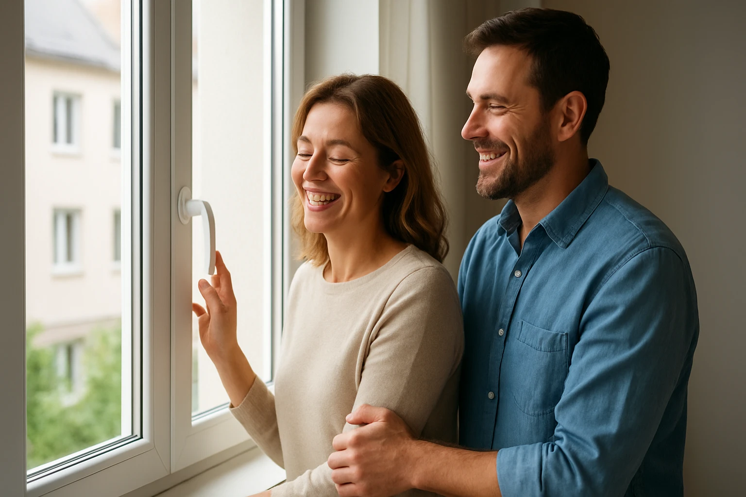 Egy pár boldogan néz ki az ablakon, miközben egymást ölelik.