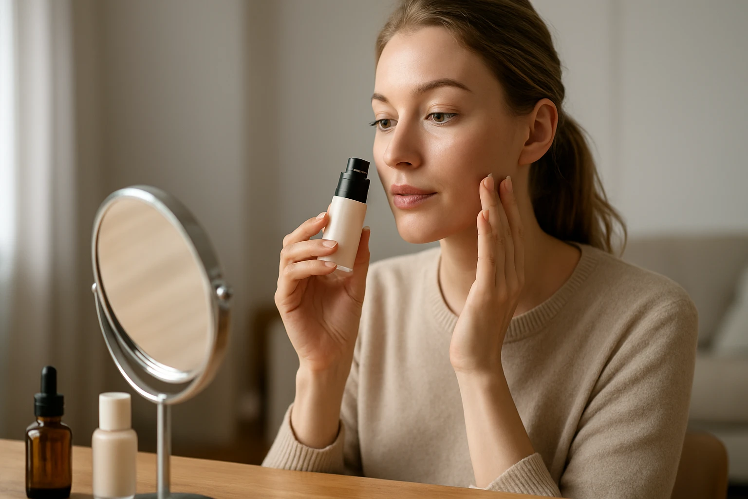 Egy nő a tükör előtt bőrápoló terméket tart a kezében.