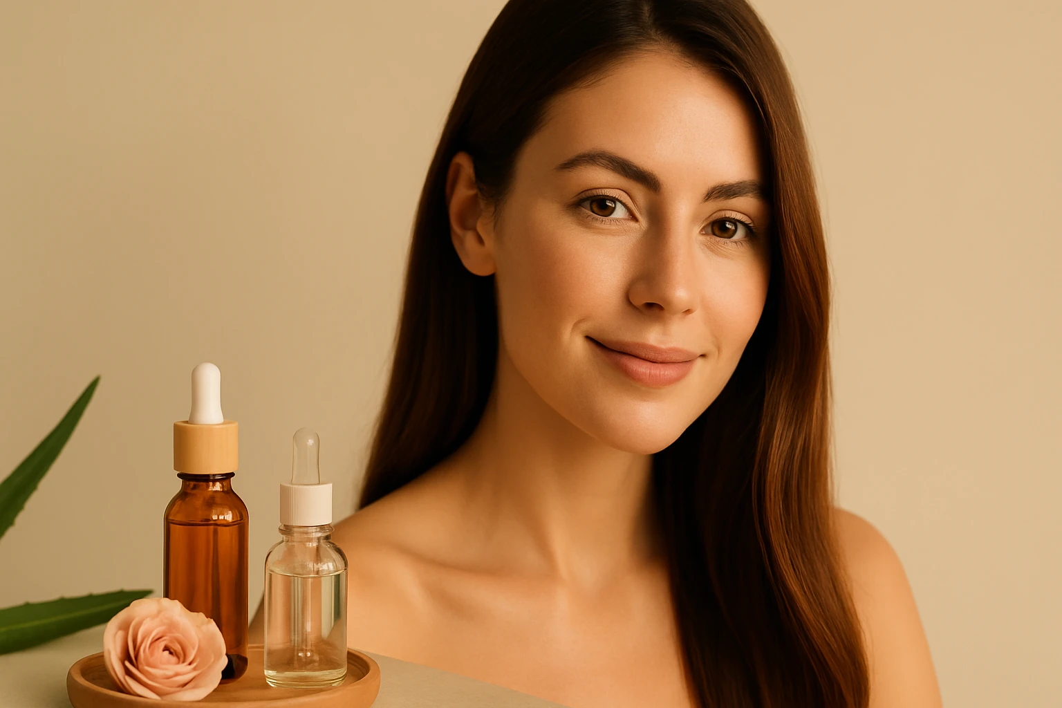 Egy fiatal nő mosolyog, mellette bőrápoló olajok és egy rózsa látható.