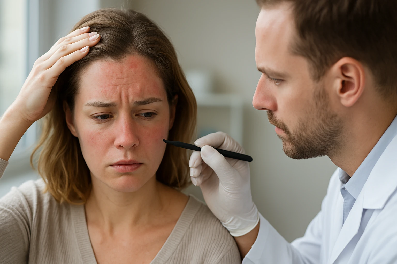 Egy orvos vizsgálja a nő arcát, aki szorongó arckifejezéssel néz.