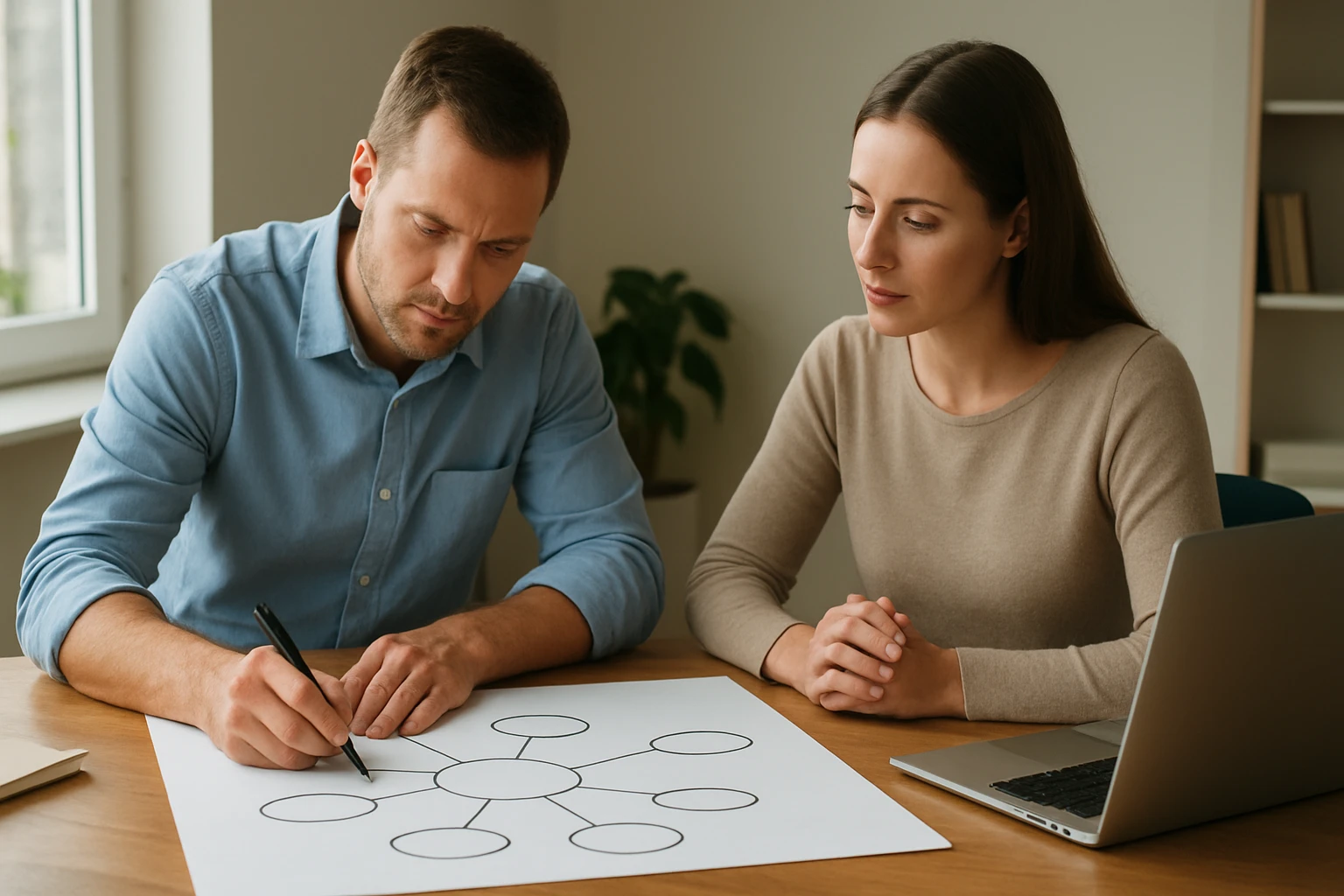 Két ember egy asztalnál, brainstormingot végeznek egy papíron.