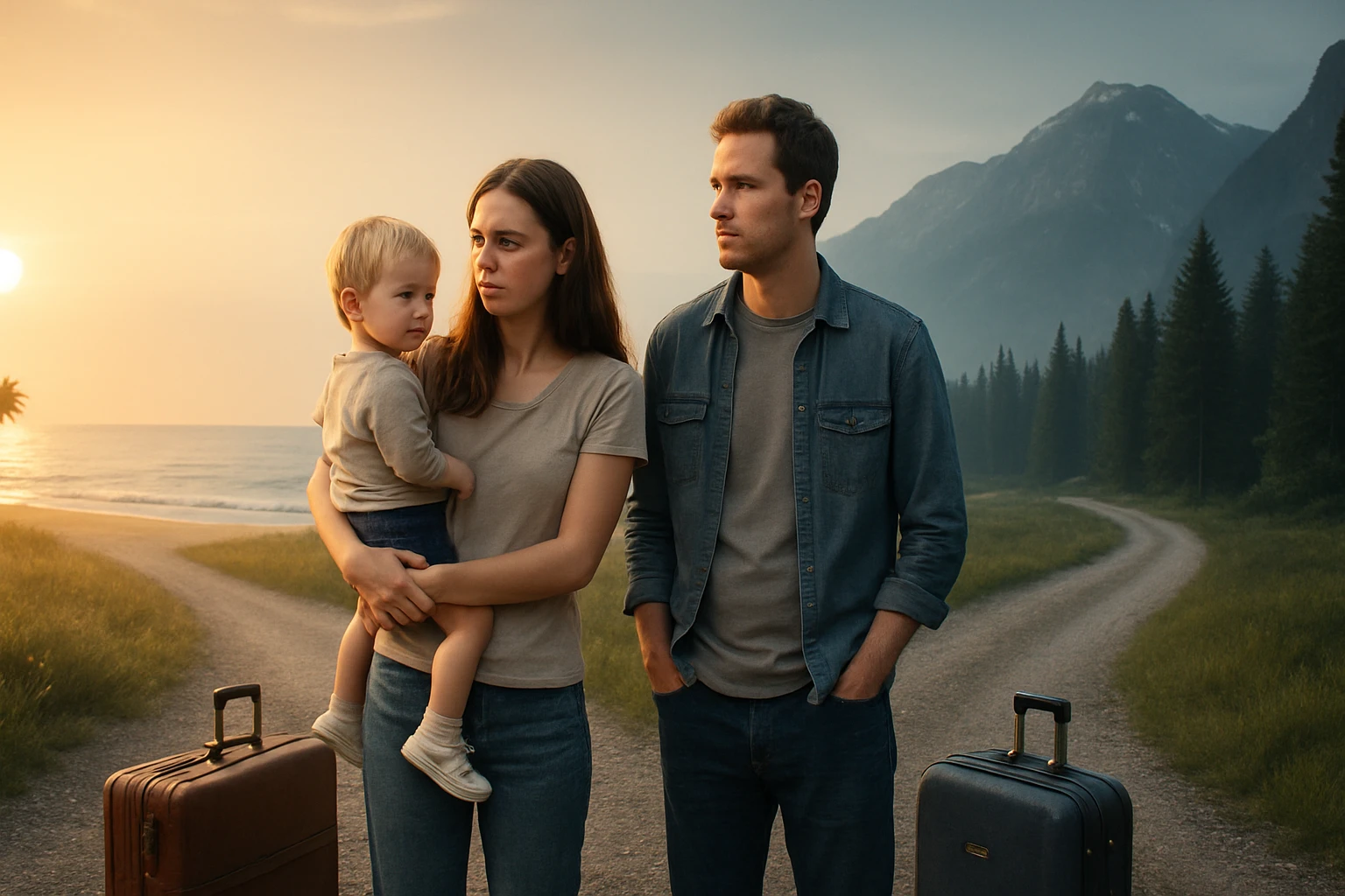 Egy fiatal pár és kisgyermekük áll egy elágazásnál, táskákkal a kezükben.