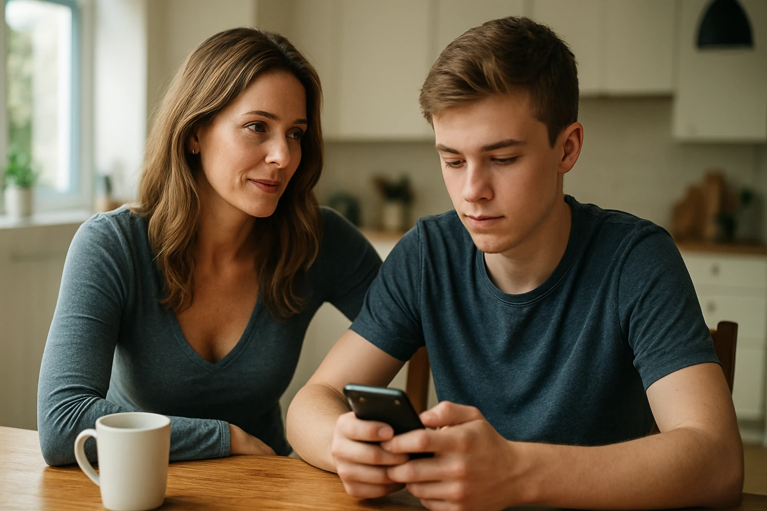 Egy nő figyelmesen nézi a fiát, aki a telefonját nézi az asztalnál.